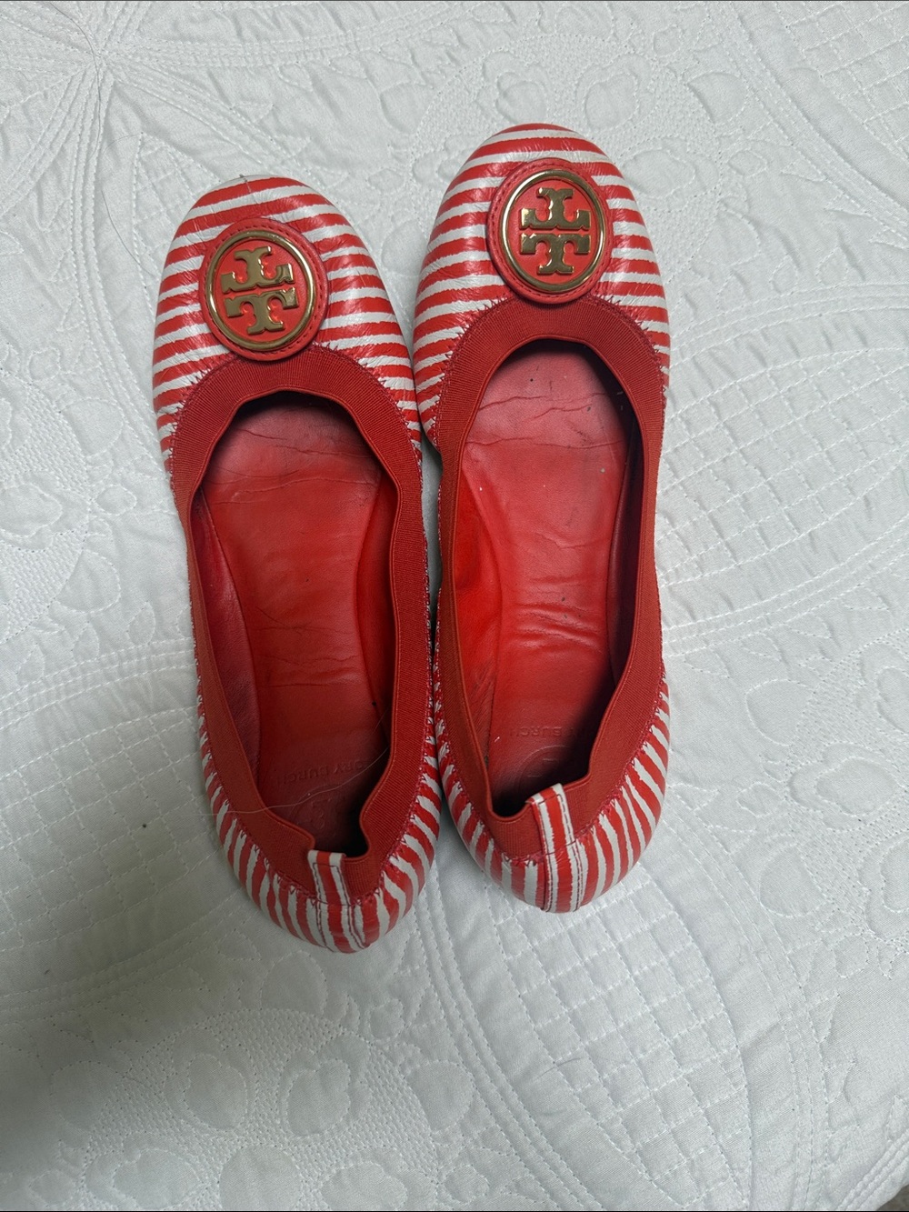 Tory Burch Orange and White Striped Logo Ballet Flats